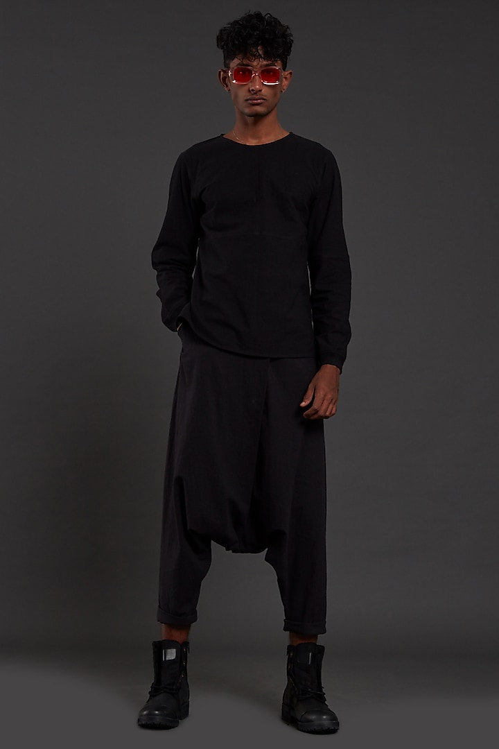 Black Cotton Handwoven Drop Crotch Pants by Mati Men