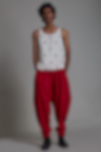 Oatmeal-Colored & Red Cotton Handwoven Co-Ord Set by Mati Men