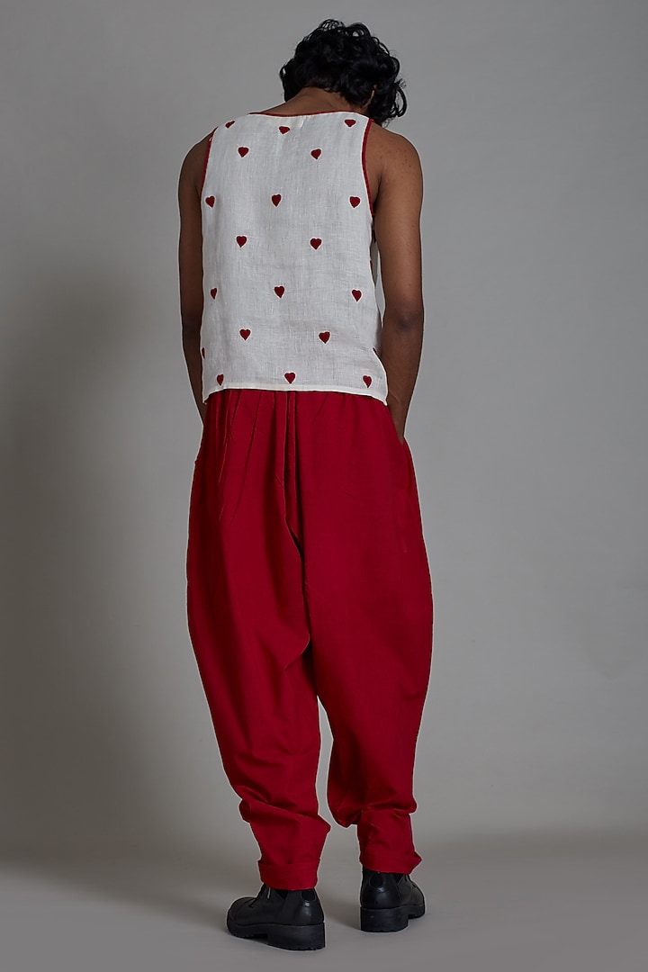 Oatmeal-Colored & Red Cotton Handwoven Co-Ord Set by Mati Men at Pernia's Pop Up Shop
