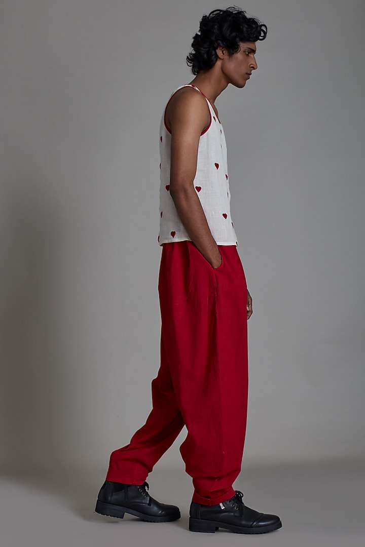 Oatmeal-Colored & Red Cotton Handwoven Co-Ord Set by Mati Men at Pernia's Pop Up Shop
