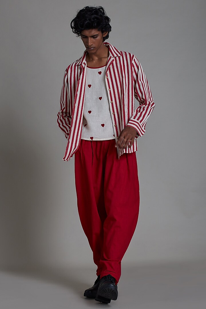 Oatmeal-Colored & Red Cotton Handwoven Co-Ord Set by Mati Men at Pernia's Pop Up Shop