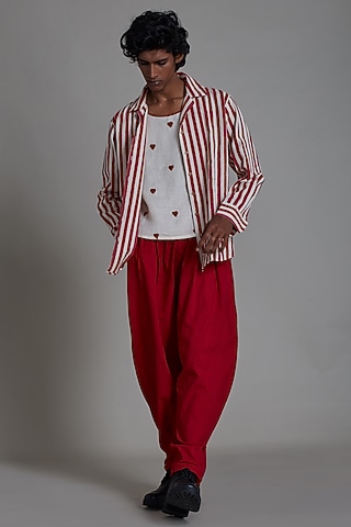 Oatmeal-Colored & Red Cotton Handwoven Co-Ord Set by Mati Men