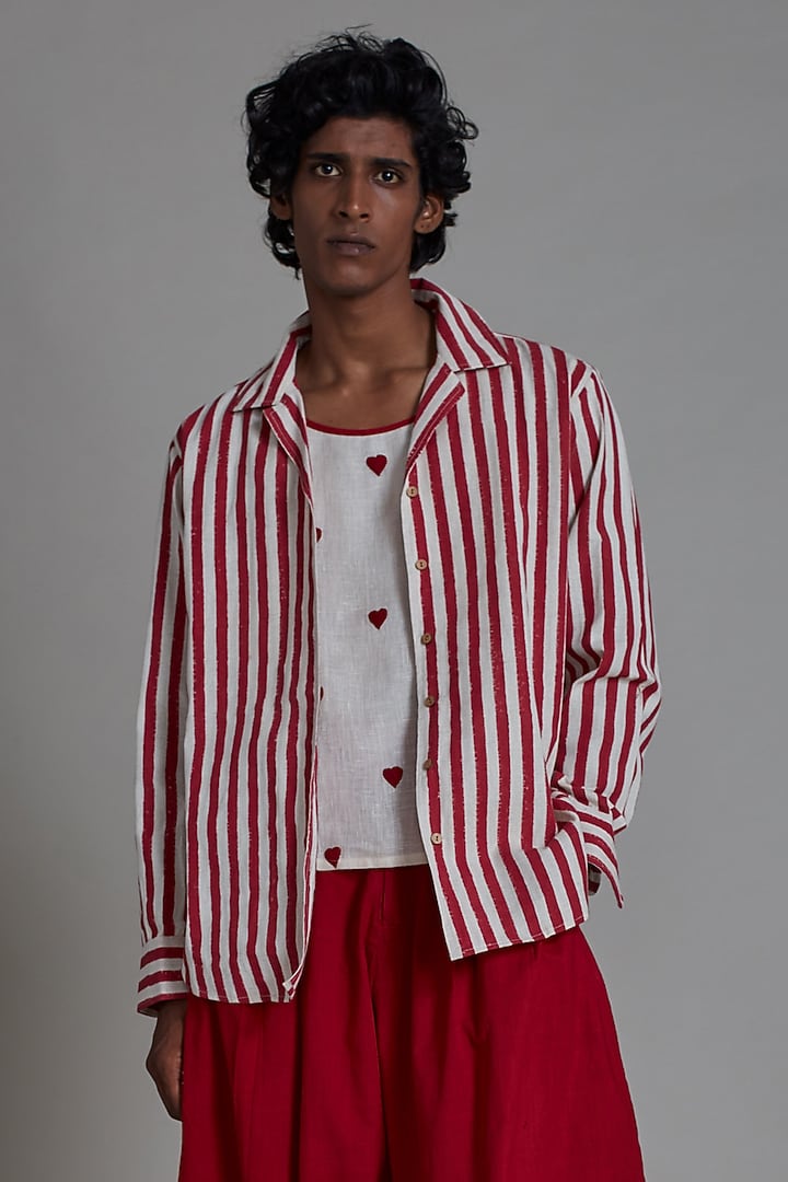 Oatmeal-Colored & Red Cotton Handwoven Co-Ord Set by Mati Men at Pernia's Pop Up Shop