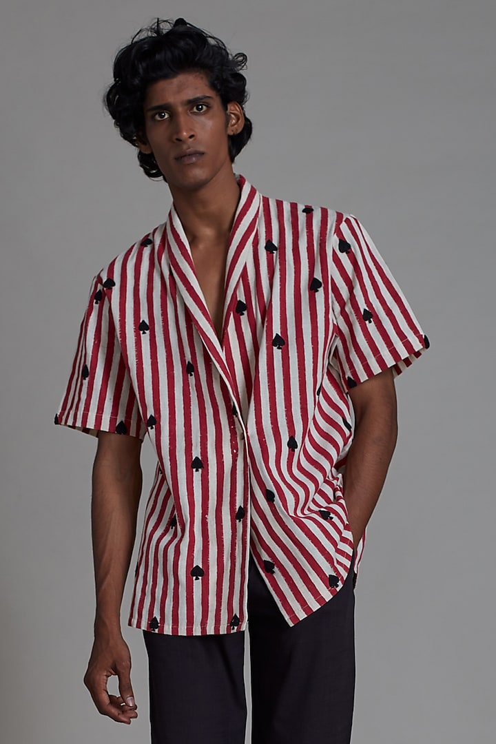 Oatmeal-Colored Striped Embroidered Handwoven Overlapped Shirt by Mati Men