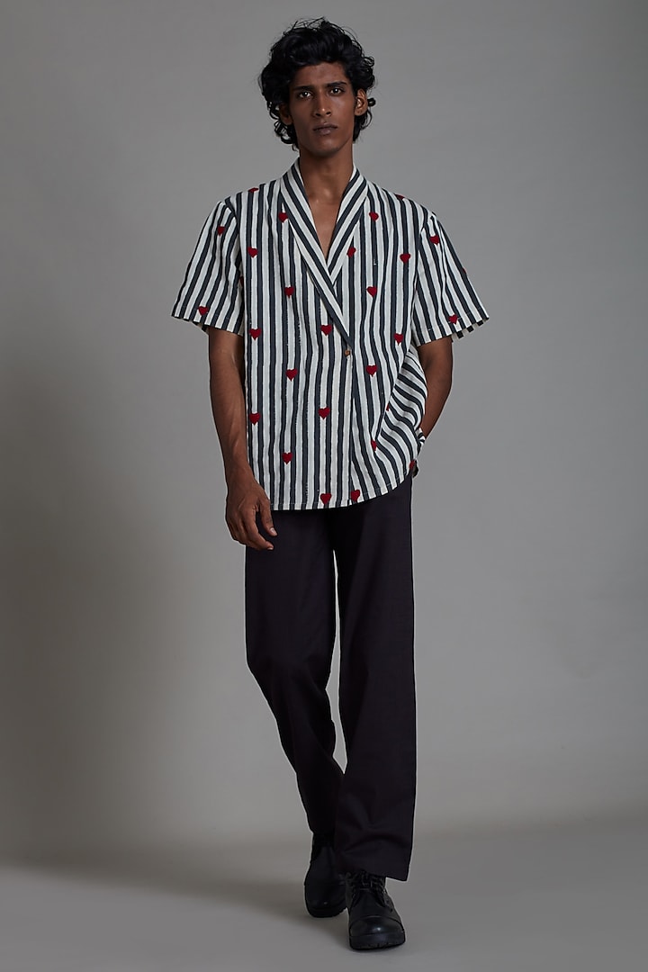 Oatmeal-Colored Striped Embroidered Handwoven Overlapped Shirt by Mati Men