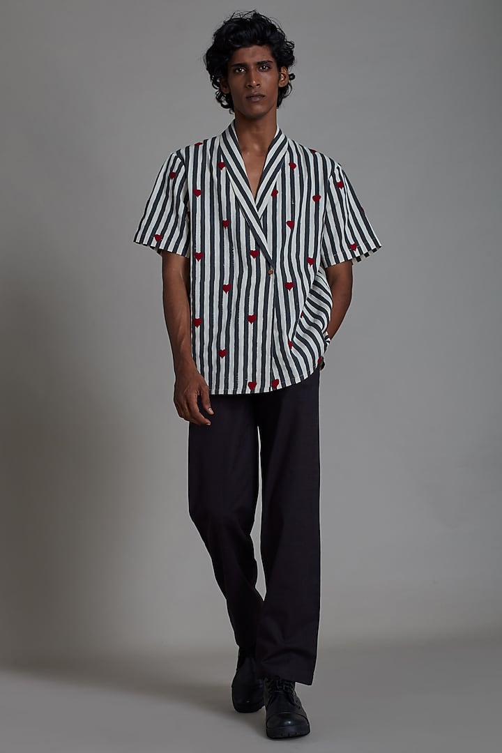 Oatmeal-Colored & Black Handblock Printed Cotton Handwoven Co-Ord Set by Mati Men