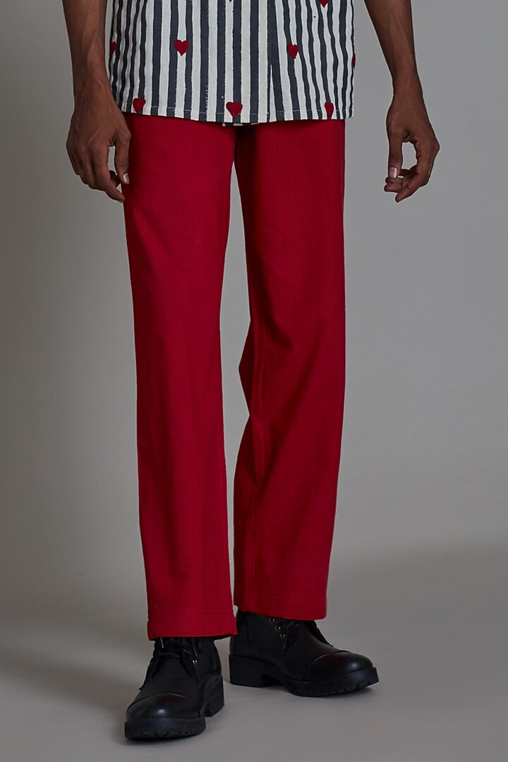 Red Cotton Handwoven Narrow Pants by Mati Men at Pernia's Pop Up Shop
