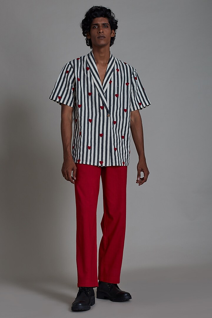 Oatmeal-Colored & Red Handblock Printed Cotton Handwoven Co-Ord Set by Mati Men