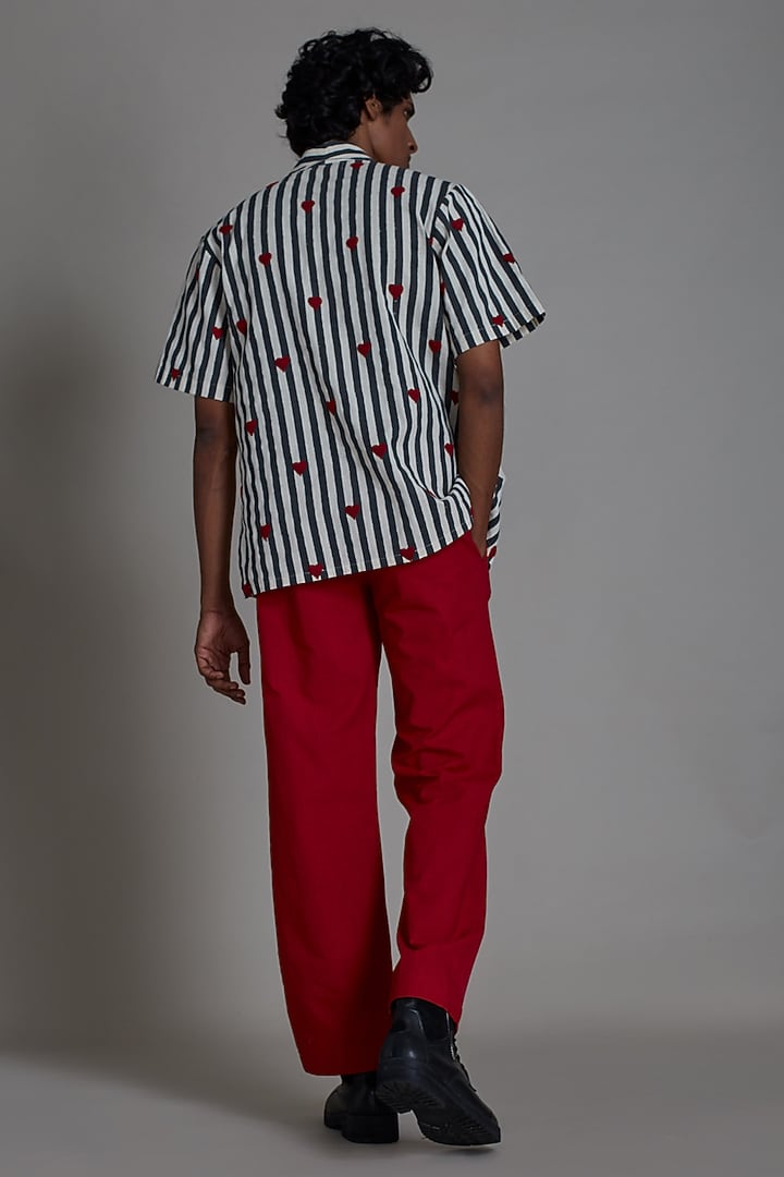 Oatmeal-Colored & Red Handblock Printed Cotton Handwoven Co-Ord Set by Mati Men at Pernia's Pop Up Shop