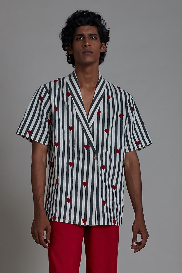 Oatmeal-Colored & Red Handblock Printed Cotton Handwoven Co-Ord Set by Mati Men at Pernia's Pop Up Shop