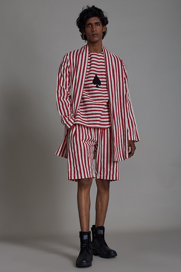 Oatmeal-Colored Striped Cotton Handwoven Jacket by Mati Men at Pernia's Pop Up Shop