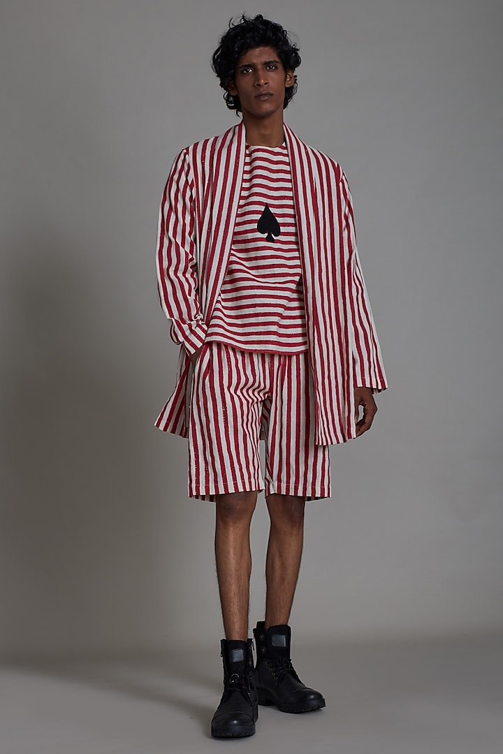 Oatmeal-Colored Striped Cotton Handwoven Jacket Set by Mati Men at Pernia's Pop Up Shop