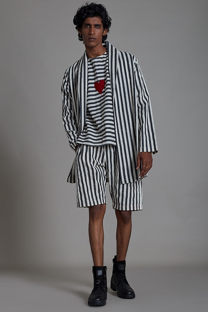 Oatmeal-Colored Striped Cotton Handwoven Jacket Set by Mati Men at Pernia's Pop Up Shop