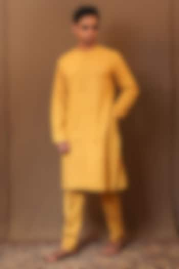 Mustard Handspun Cotton Embroidered Kurta by Mati Men at Pernia's Pop Up Shop