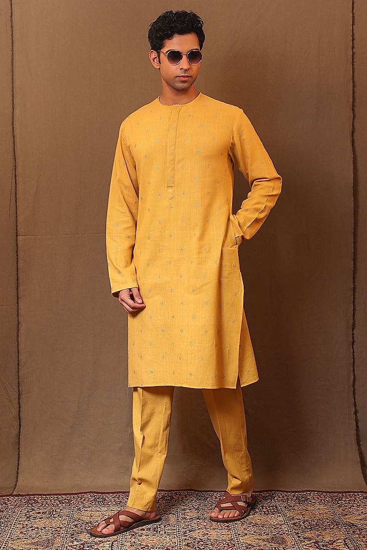 Mustard Handspun Cotton Embroidered Kurta by Mati Men at Pernia's Pop Up Shop