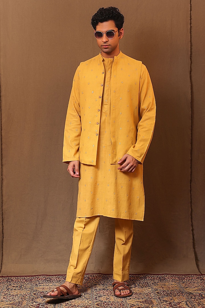 Mustard Handspun Kala Cotton Embroidered Bundi Jacket by Mati Men