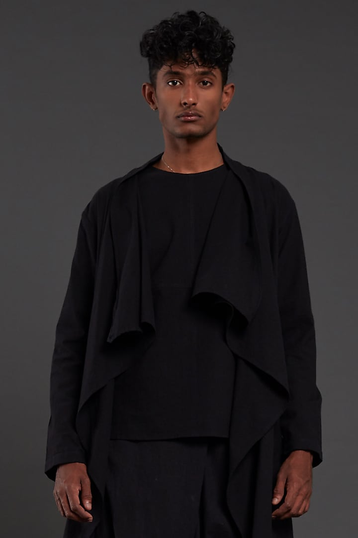 Black Cotton Handwoven Long Drape Jacket by Mati Men