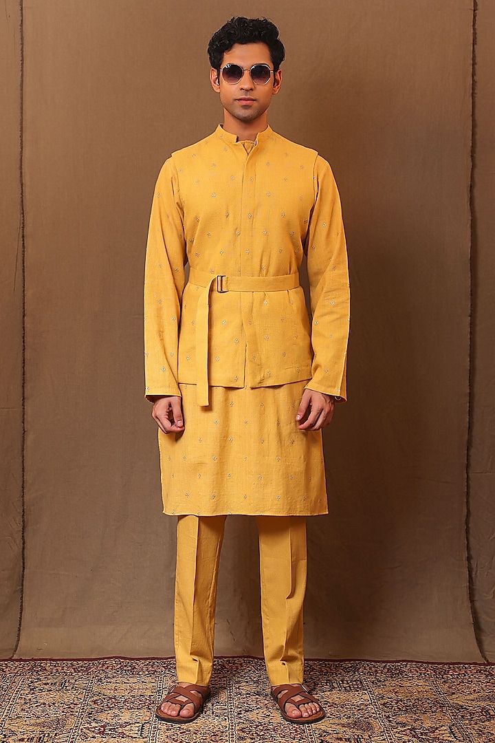 Mustard Handspun Kala Cotton Embroidered Bundi Jacket Set by Mati Men