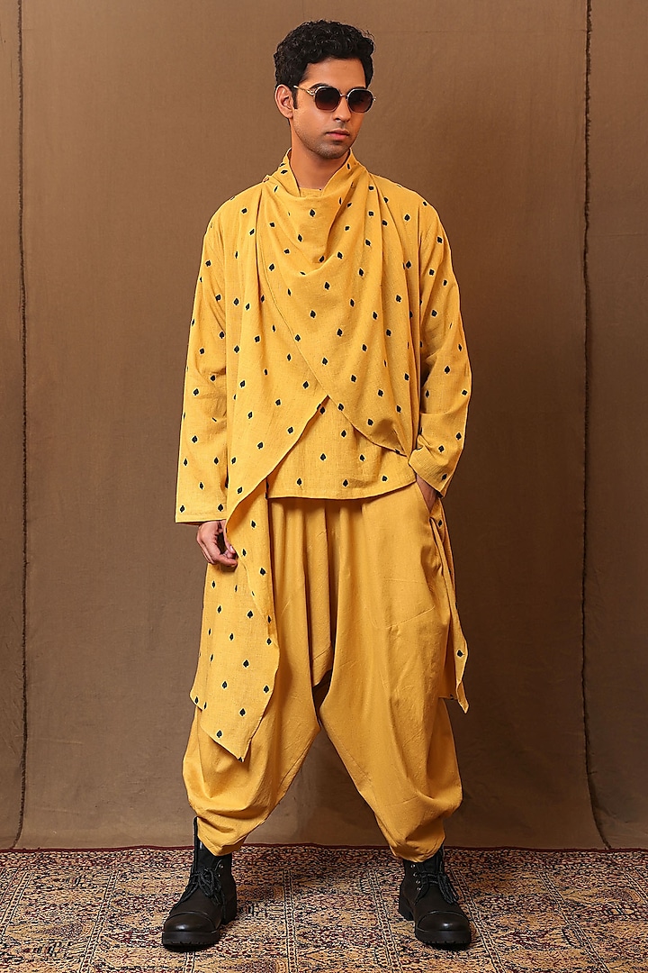 Mustard Handspun Kala Cotton Embroidered Jacket by Mati Men at Pernia's Pop Up Shop