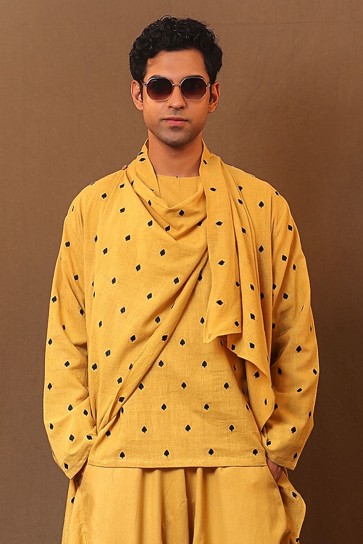 Mustard Handspun Kala Cotton Embroidered Jacket by Mati Men at Pernia's Pop Up Shop
