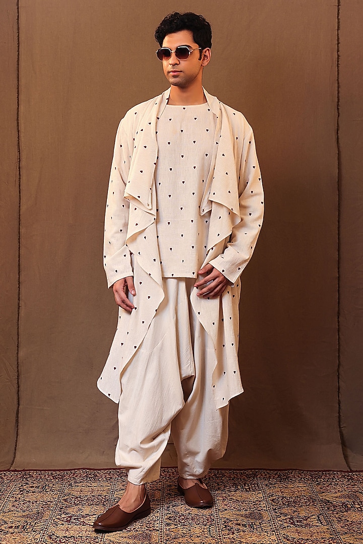 Off-White Handspun Cotton Motif Embroidered Indo-Western Set by Mati Men at Pernia's Pop Up Shop