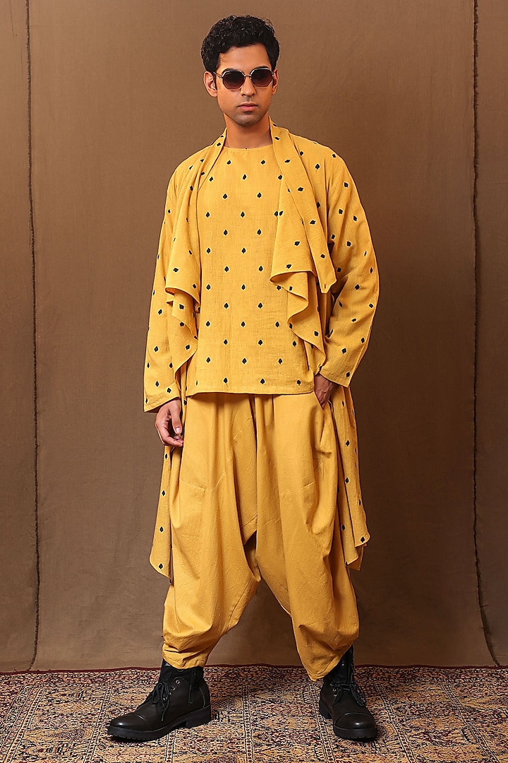 Mustard Handspun Cotton Motif Embroidered Indo-Western Set by Mati Men at Pernia's Pop Up Shop