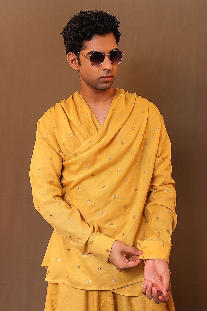 Mustard Handspun Soft Cotton Embroidered Overlap Wedding Shirt by Mati Men at Pernia's Pop Up Shop