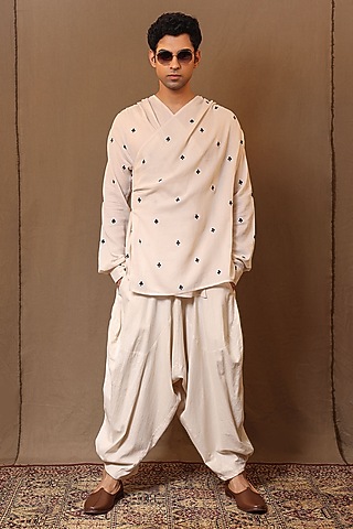 Off-White Handspun Soft Cotton Embroidered Co-Ord Set by Mati Men