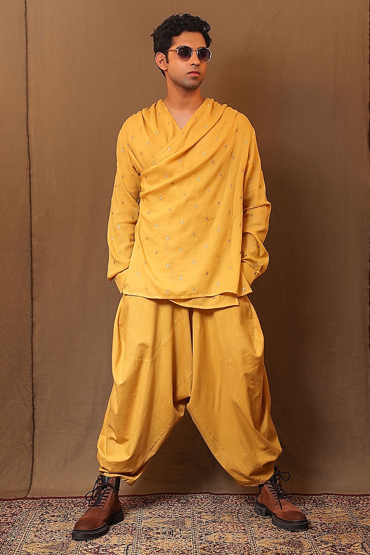 Mustard Handspun Soft Cotton Embroidered Co-Ord Set by Mati Men at Pernia's Pop Up Shop