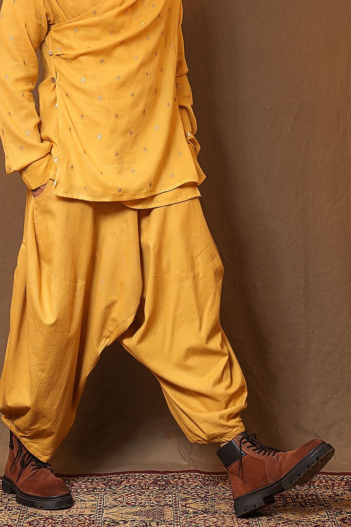 Mustard Handspun Soft Cotton Embroidered Co-Ord Set by Mati Men at Pernia's Pop Up Shop
