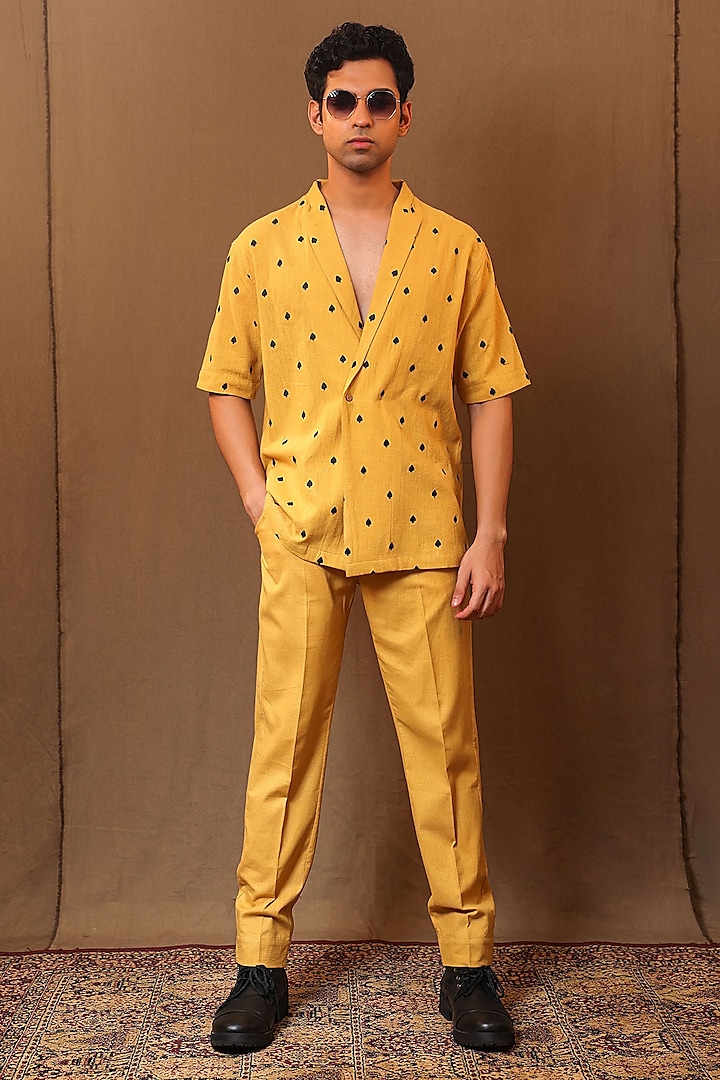 Mustard Handspun Kala Cotton Embroidered Overlap Jacket by Mati Men at Pernia's Pop Up Shop