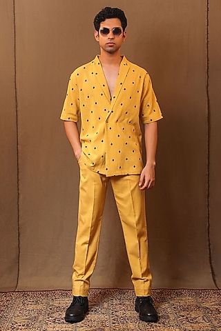 Mustard Handspun Kala Cotton Embroidered Overlap Jacket by Mati Men