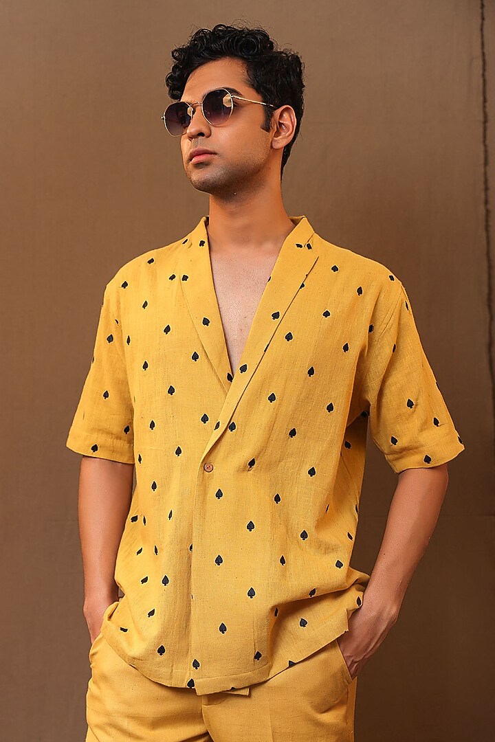 Mustard Handspun Kala Cotton Embroidered Overlap Jacket by Mati Men at Pernia's Pop Up Shop