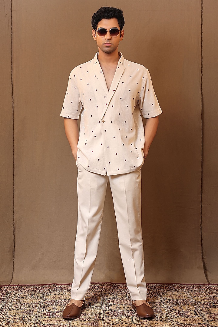 Off-White Handspun Kala Cotton Embroidered Co-Ord Set by Mati Men