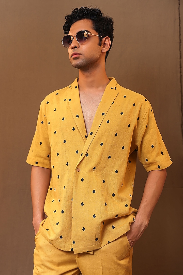 Mustard Handspun Kala Cotton Embroidered Co-Ord Set by Mati Men at Pernia's Pop Up Shop