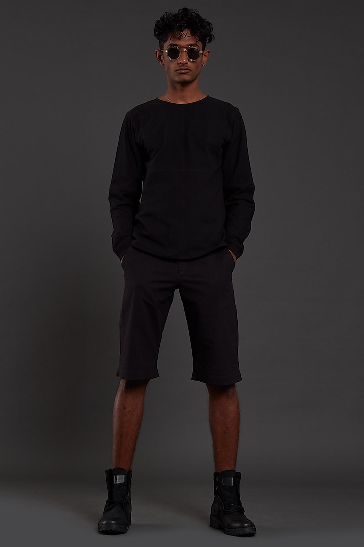 Black Cotton Handwoven Shorts by Mati Men