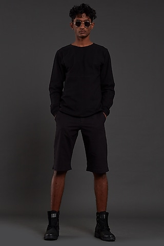 Black Cotton Handwoven Shorts by Mati Men