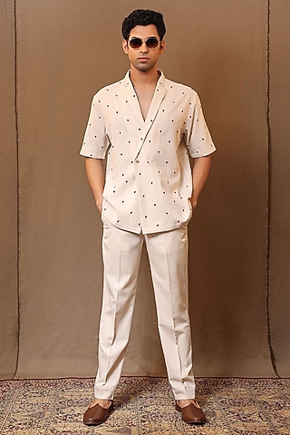 Off-White Handspun Cotton Straight Pants by Mati Men