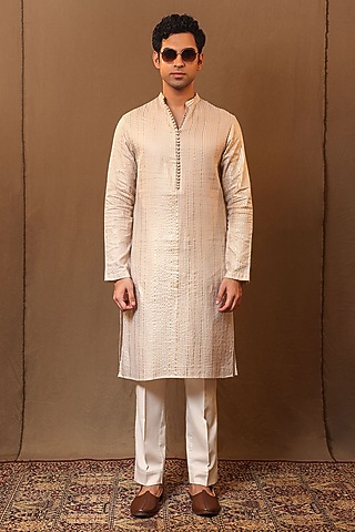 Off-White Handspun Cotton Metallic Striped Kurta by Mati Men