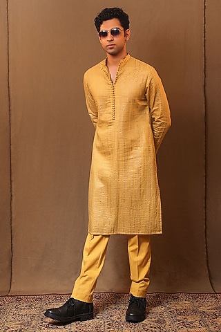 Mustard Handspun Cotton Metallic Striped Kurta by Mati Men