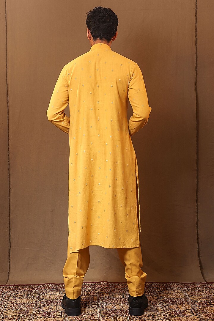 Mustard Handspun Cotton Metallic Striped Kurta by Mati Men at Pernia's Pop Up Shop