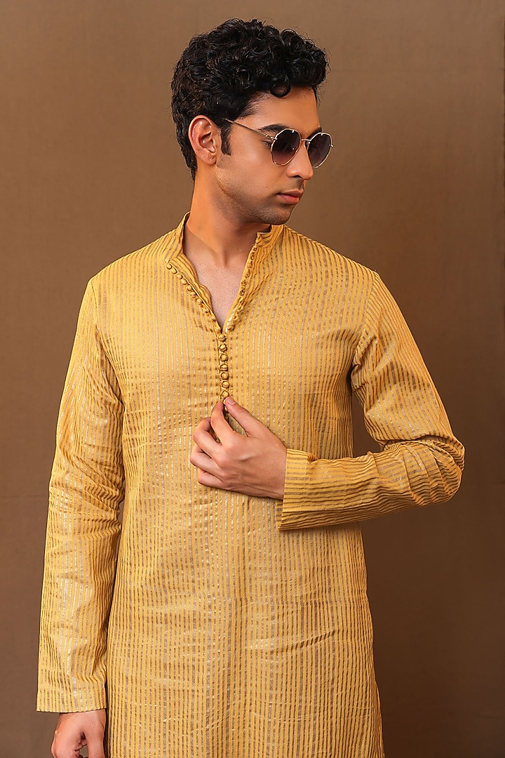 Mustard Handspun Cotton Metallic Striped Kurta by Mati Men at Pernia's Pop Up Shop