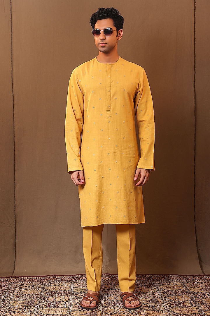 Mustard Handspun Cotton Metallic Striped Kurta Set by Mati Men