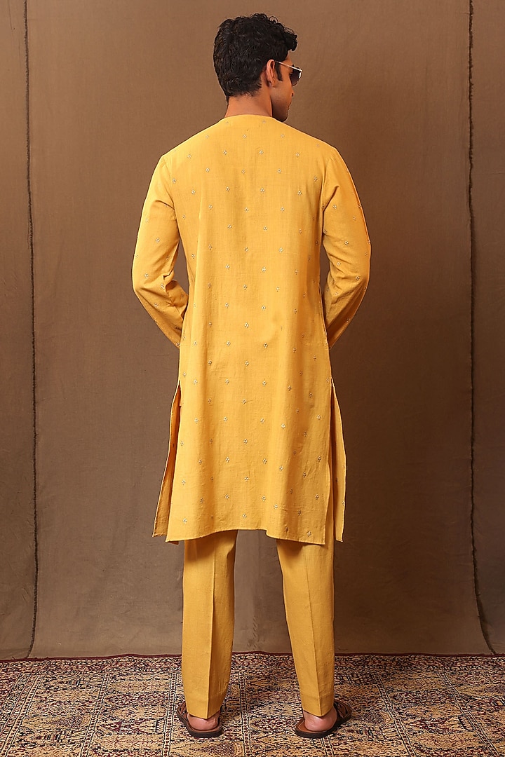 Mustard Handspun Cotton Metallic Striped Kurta Set by Mati Men at Pernia's Pop Up Shop