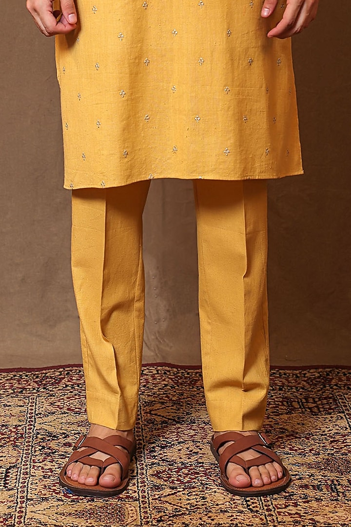 Mustard Handspun Cotton Metallic Striped Kurta Set by Mati Men at Pernia's Pop Up Shop
