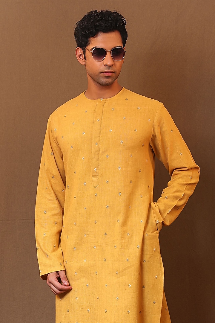 Mustard Handspun Cotton Metallic Striped Kurta Set by Mati Men at Pernia's Pop Up Shop