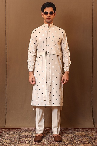 Off-White Handspun Cotton Embroidered Kurta by Mati Men