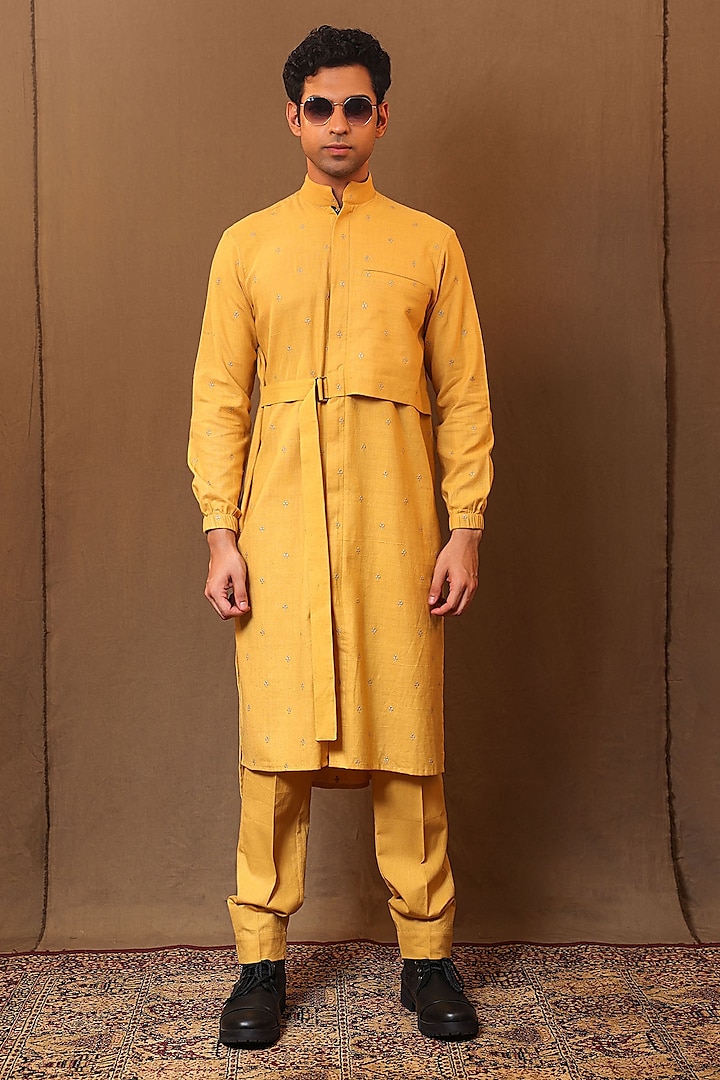 Mustard Handspun Cotton Embroidered Kurta Set by Mati Men