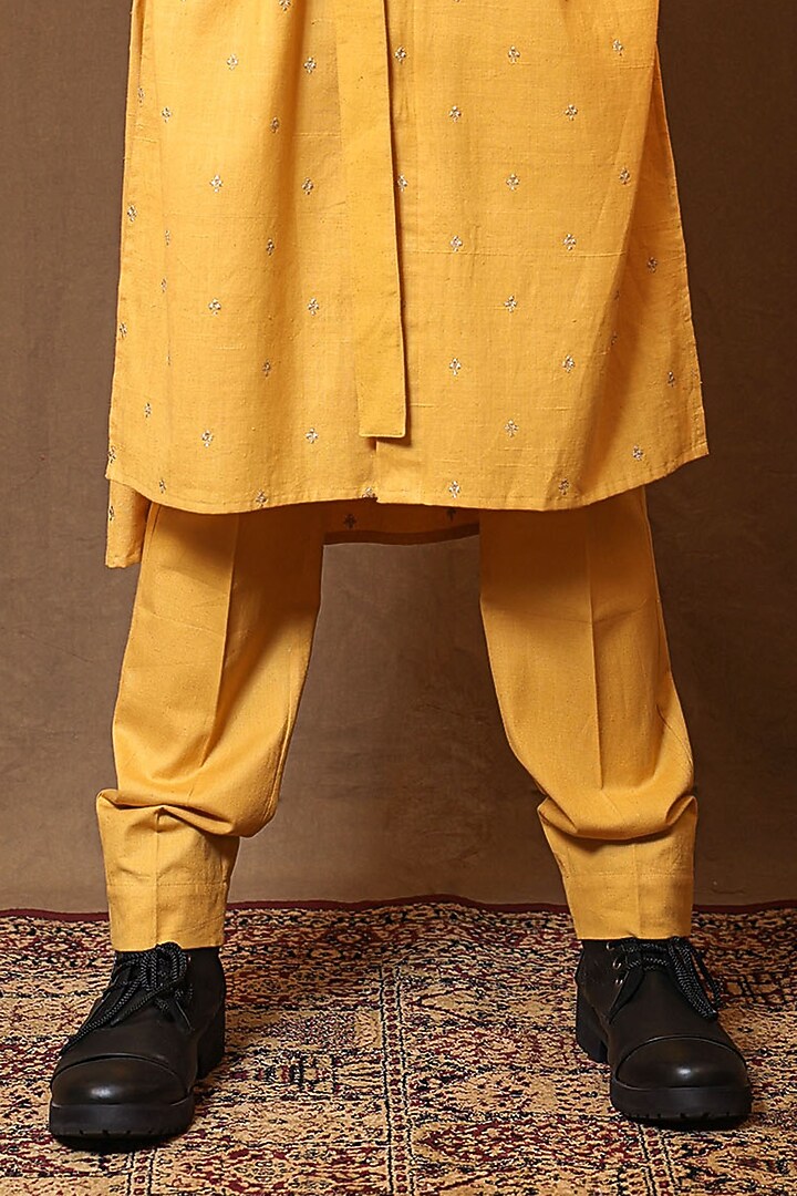Mustard Handspun Cotton Embroidered Kurta Set by Mati Men at Pernia's Pop Up Shop
