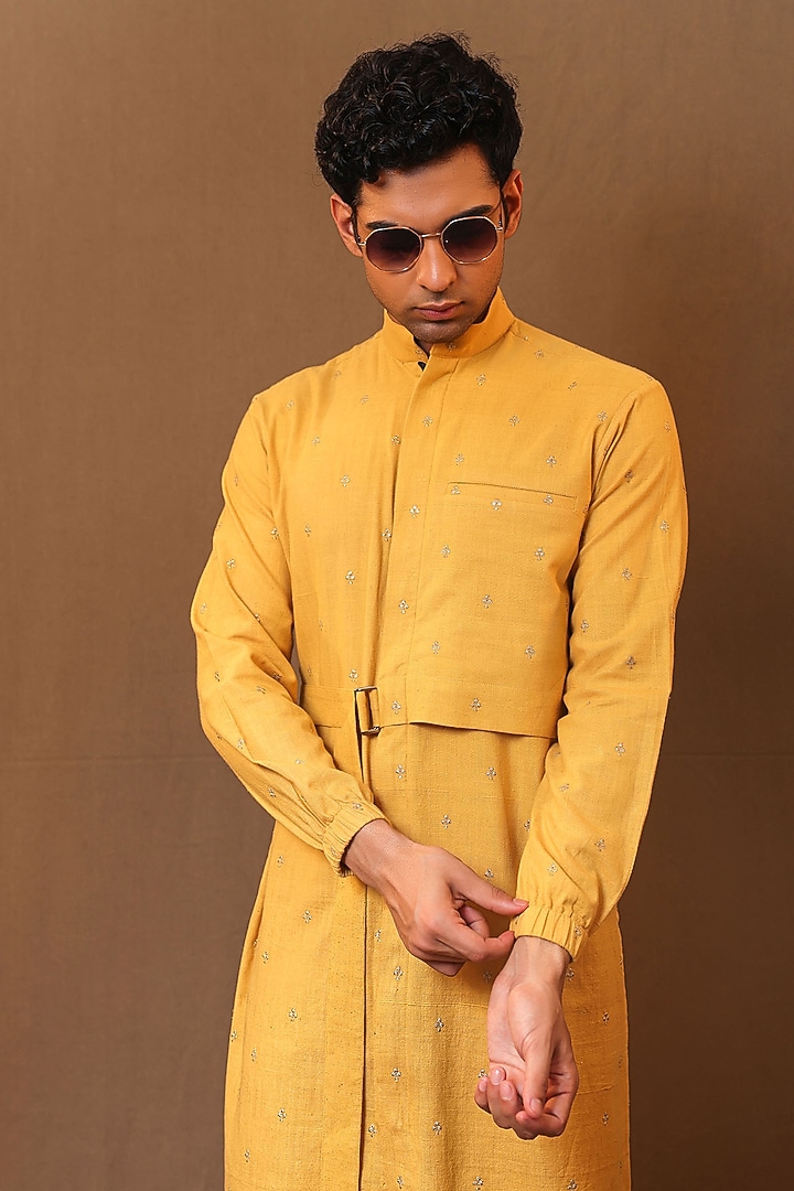 Mustard Handspun Cotton Embroidered Kurta Set by Mati Men at Pernia's Pop Up Shop